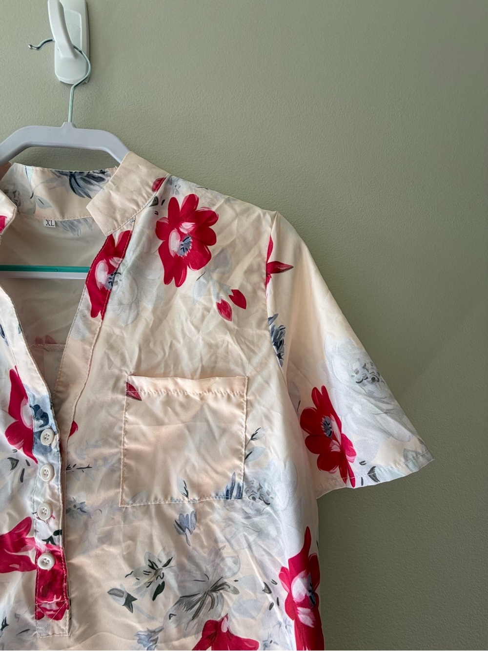 Cream Blouse with Buttons, Red and Blue Floral Print - Picture 4 of 7